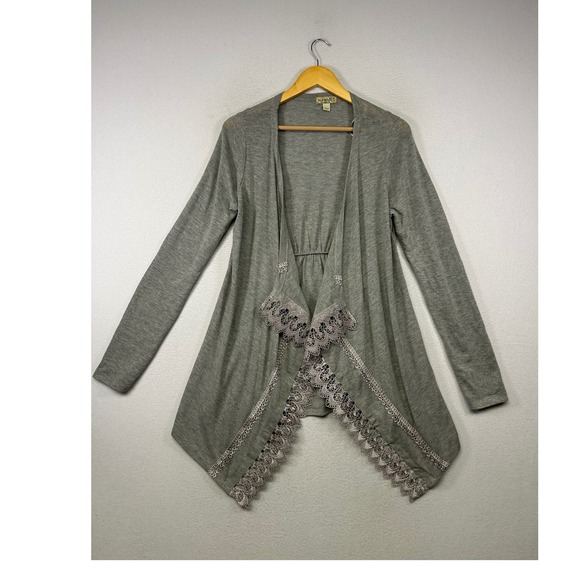 ONE WORLD Sweaters - Boho One World Womens Med Gray Lace Trim Open Front‎ Waterfall Cardigan Sweater